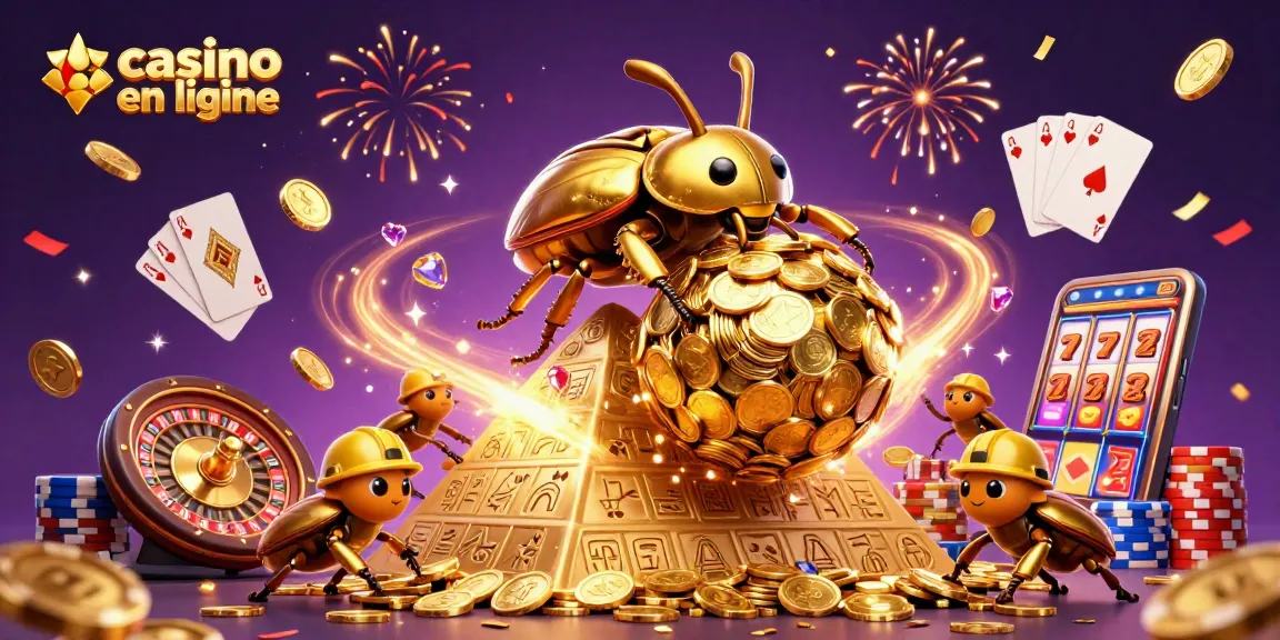 Casino en ligne avec des coccinelles dorées transportant des pièces, un spectacle étincelant.