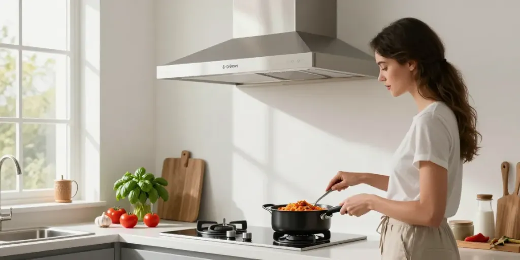 Best 60cm cooker hood in a modern kitchen with a woman cooking and fresh ingredients.