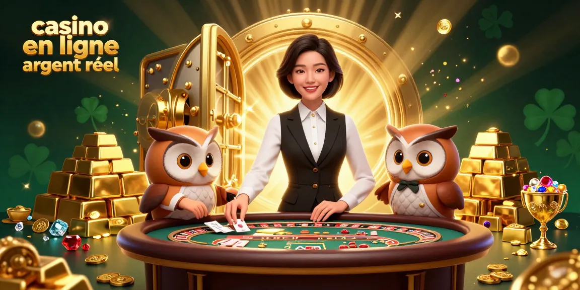 Vivez l'excitation du casino en ligne argent réel avec une illustration de casino 3D dynamique présentant des croupiers et des trésors.