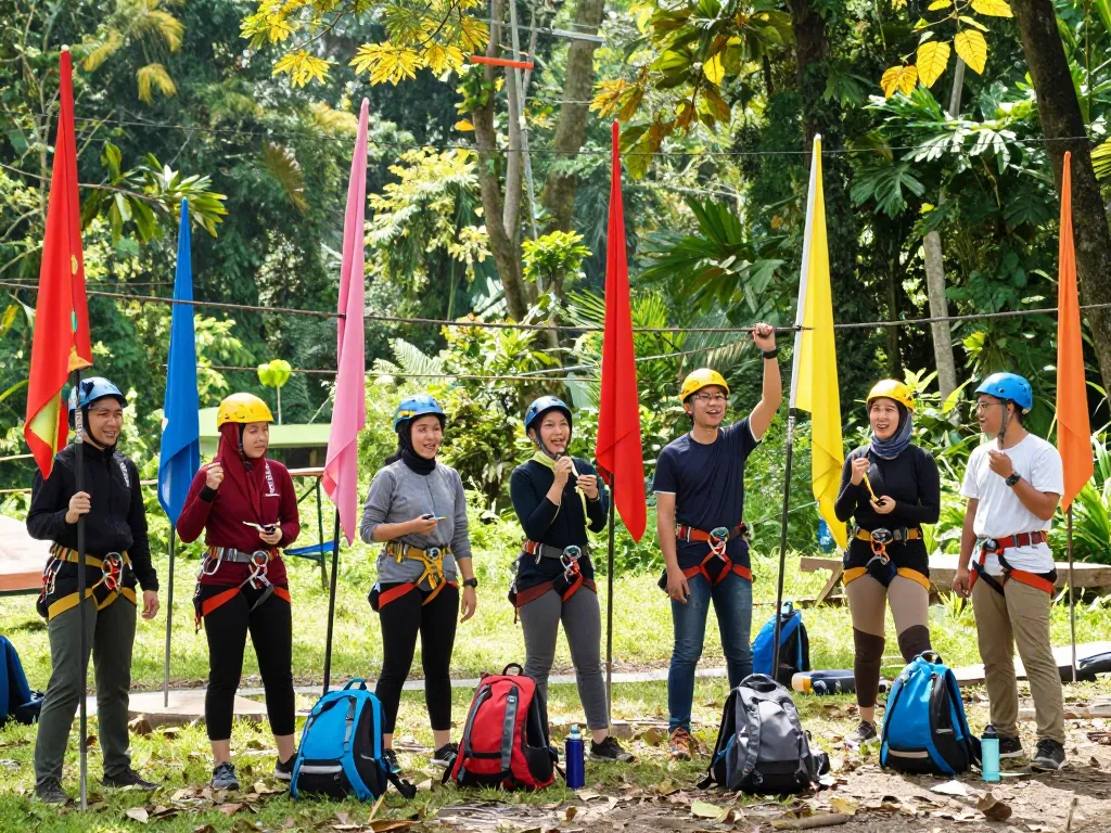 Peserta yang terlibat dalam kegiatan outbound jogja menikmati tantangan membangun tim di lingkungan luar ruang yang cerah.