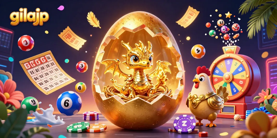 Menghadirkan gilajp, ilustrasi kasino 3D dengan naga emas dan chip poker menari.