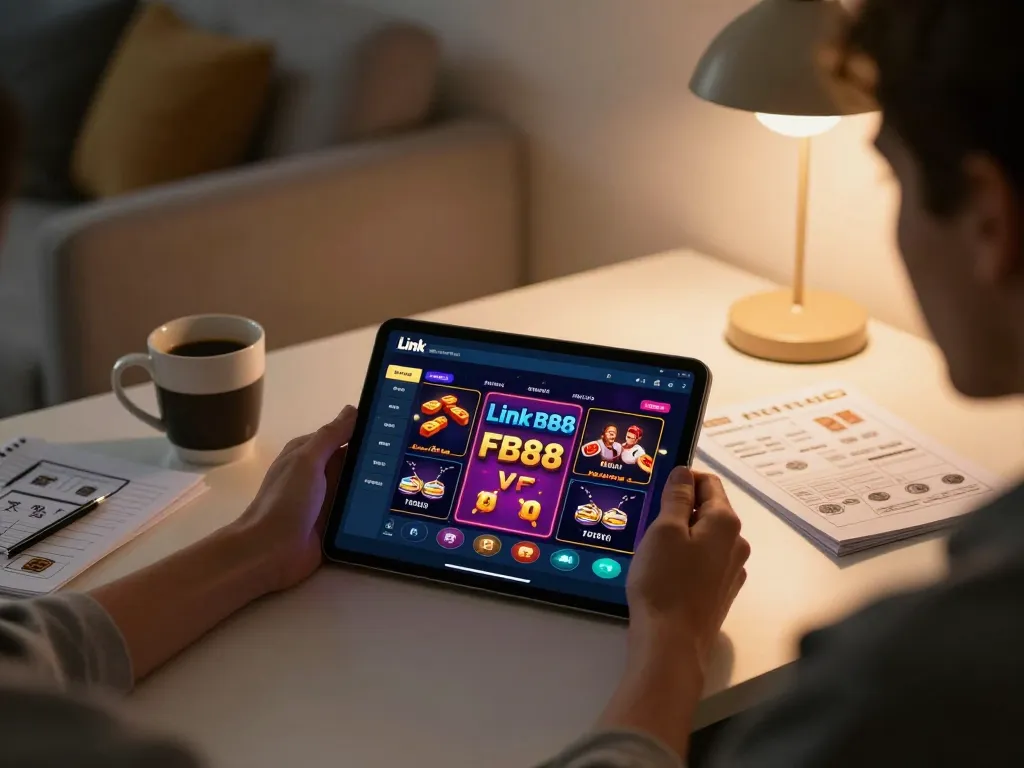 Engaging with Link FB88 app on tablet in a cozy home gaming setup, focusing on strategic gameplay