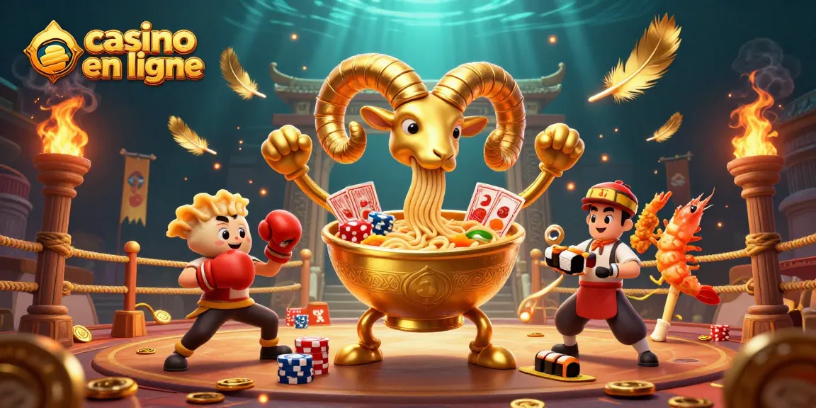Visuel dynamique de casino en ligne avec un bol de ramen 3D, distribution de cartes et jetons.