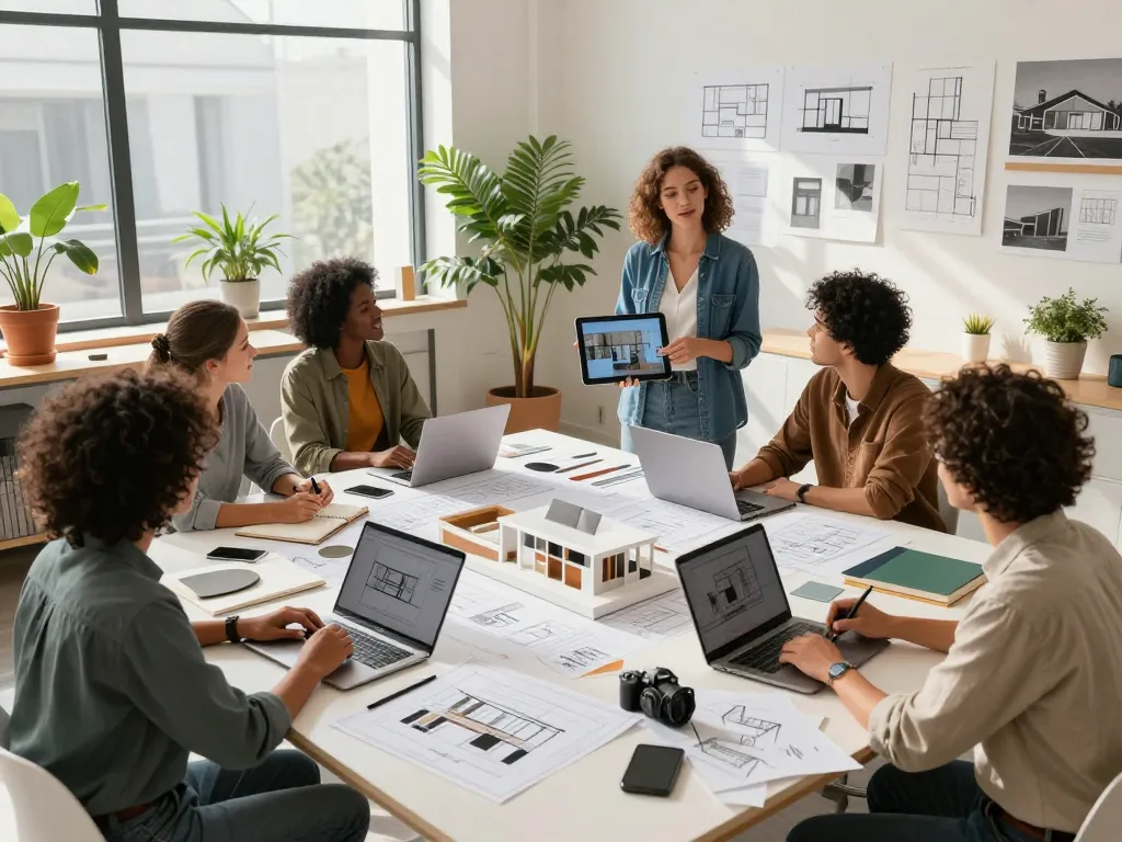 บริษัทออกแบบ กรุงเทพ design studio teamwork in modern workspace with blueprints and digital presentations