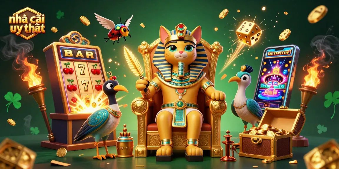 Exciting scene of nhà cái uy tín with a cartoon Egyptian pharaoh cat and thrilling slot machine bursting with coins.