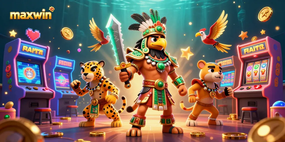 Menangkan jackpot di maxwin dengan ilustrasi kasino 3D yang menampilkan karakter bertema Aztec.