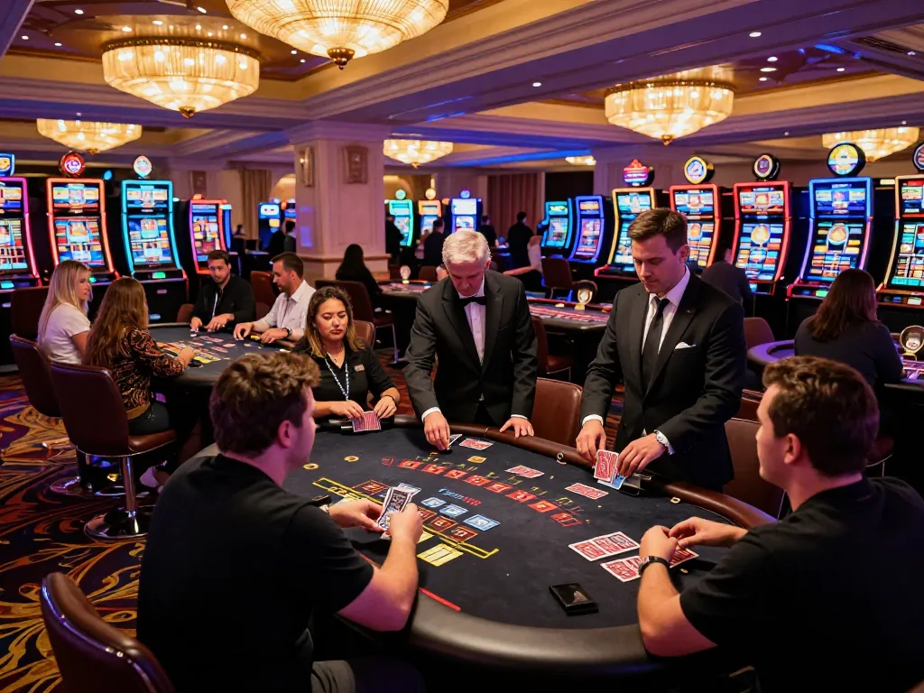 Engaged players at black jack tables in a vibrant Las Vegas casino showcasing the energy of gambling at https://vk88.vc/.