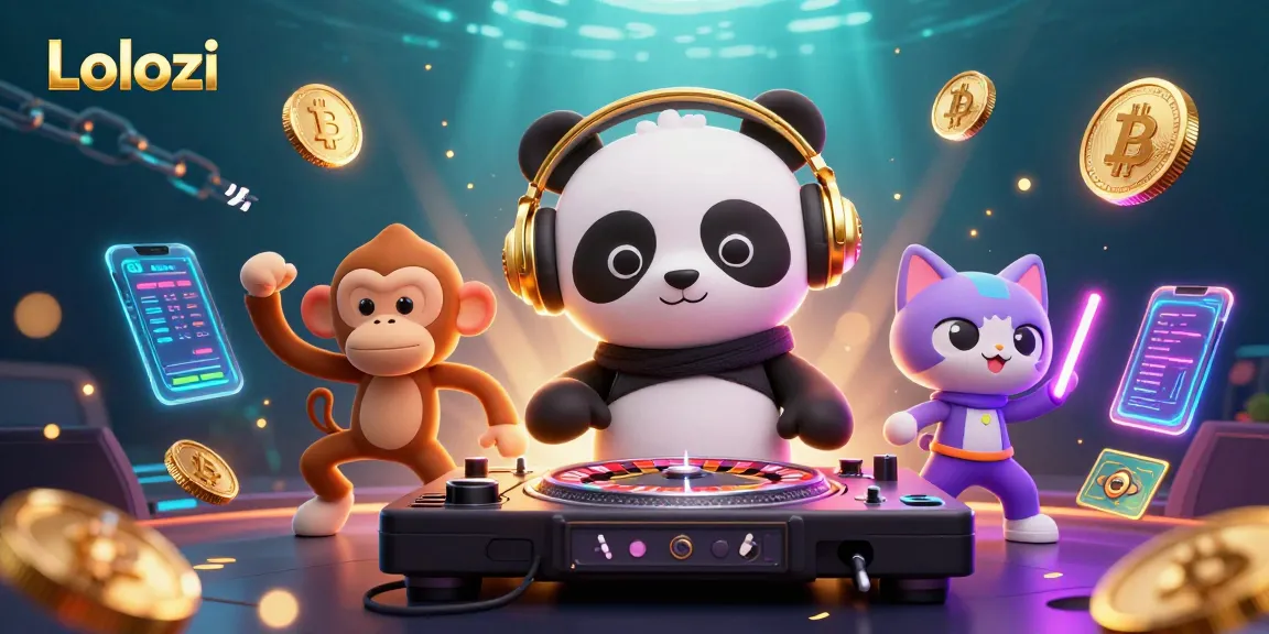 Lolozi captures a vibrant 3D scene with a DJ panda spinning roulette turntables, a dancing monkey, and a glow-stick kitten.