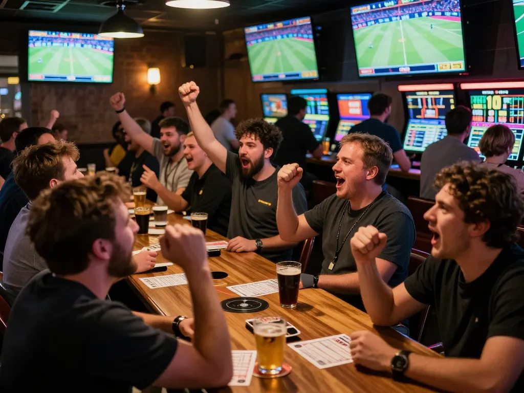 Excitable fans engaging in sports betting at RR88 SELECT with live event screens in the background.