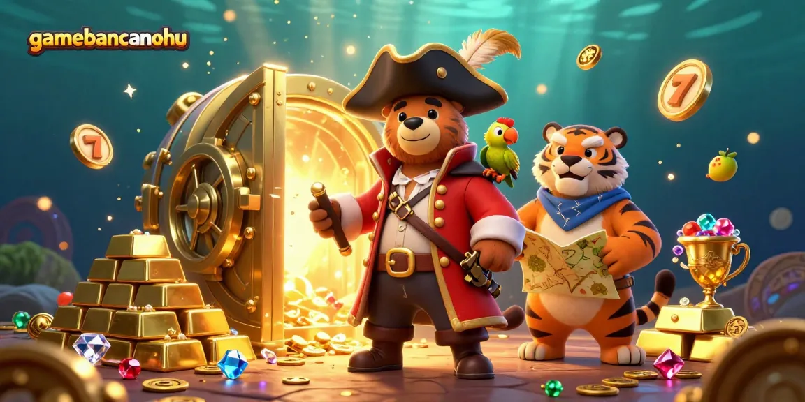 Experience the thrill of gamebancanohu with a pirate bear, tiger, and treasure in this vibrant casino scene.