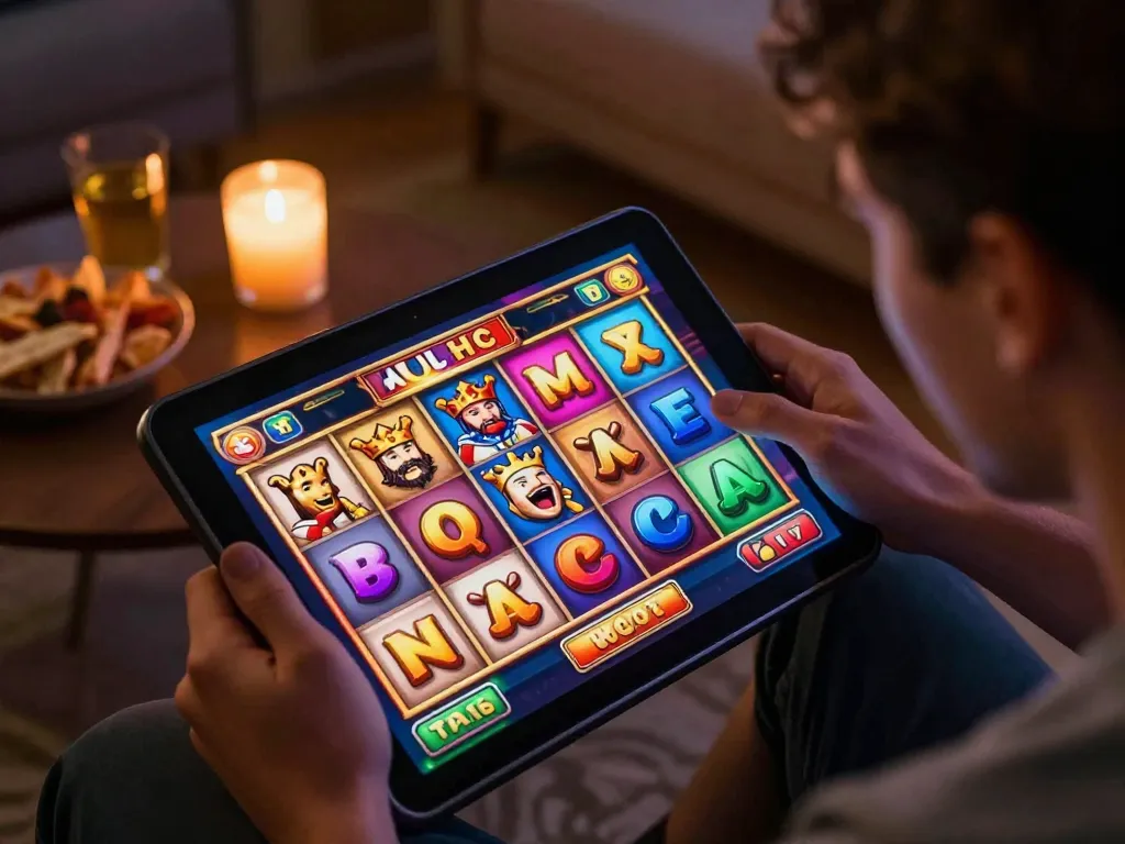 Engaging in a king slot game on a tablet, enjoying a cozy home gaming atmosphere.