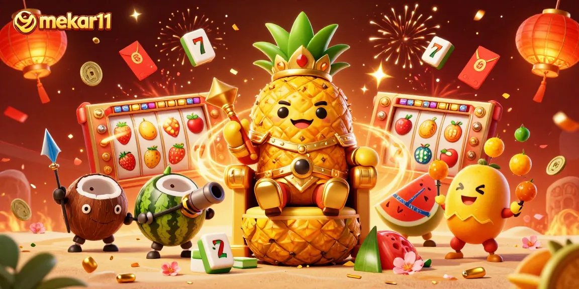 Mekar11 offers a vibrant slot gaming experience with a richly illustrated golden pineapple king and dynamic casino elements.