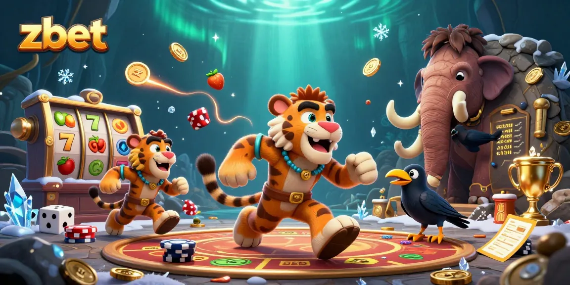 Experience zbet's gaming excitement with a playful casino scene featuring cavemen and a clever crow.