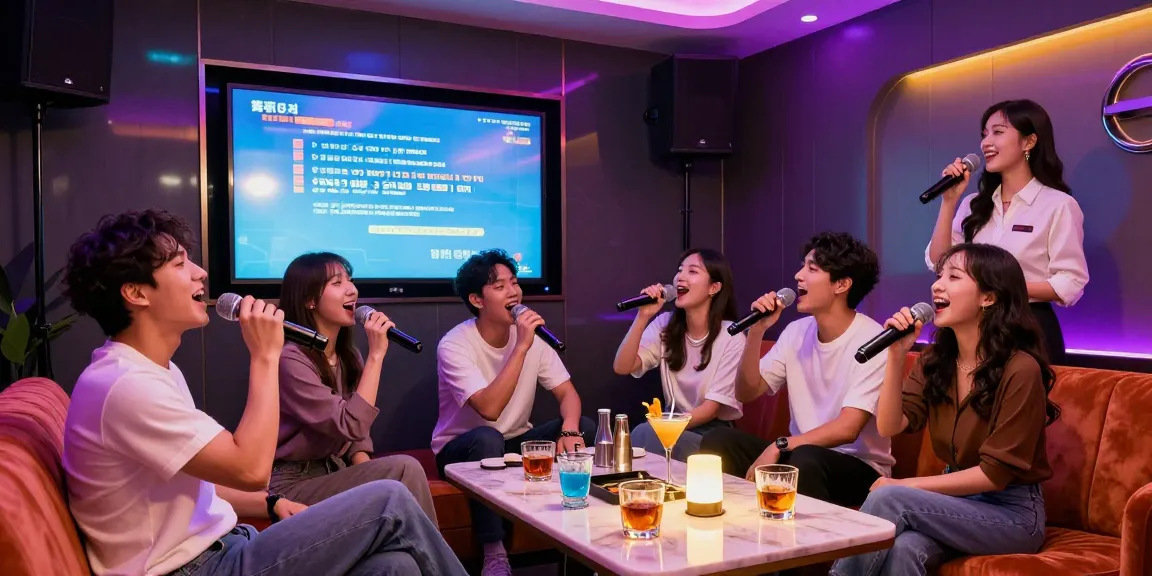 강남 가라오케에서 친구들과 즐거운 시간을 보내는 모습, 화려한 조명과 음향 시스템이 어우러진 공간