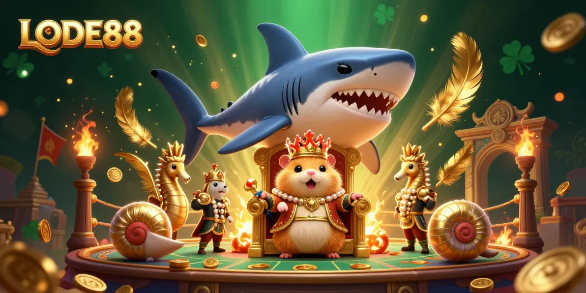 LODE88's golden hamster king reigns in a vibrant casino-themed illustration.