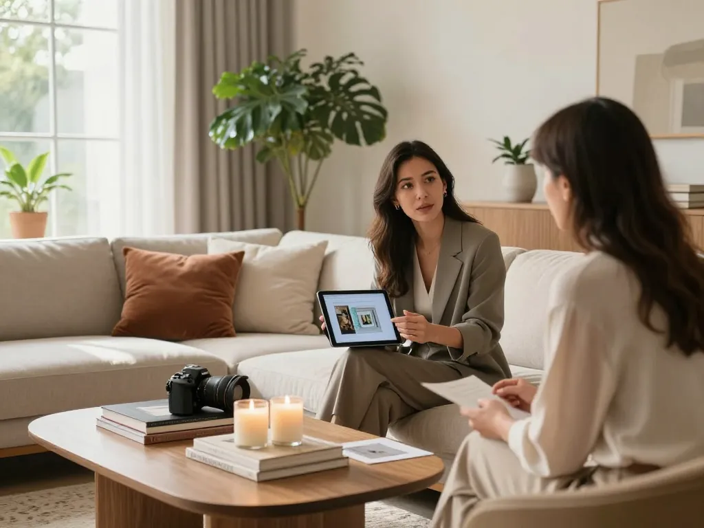 Décoratrice intérieure consultant avec un client dans un salon magnifiquement aménagé, présentant des idées de décoration et de design à Montpellier.