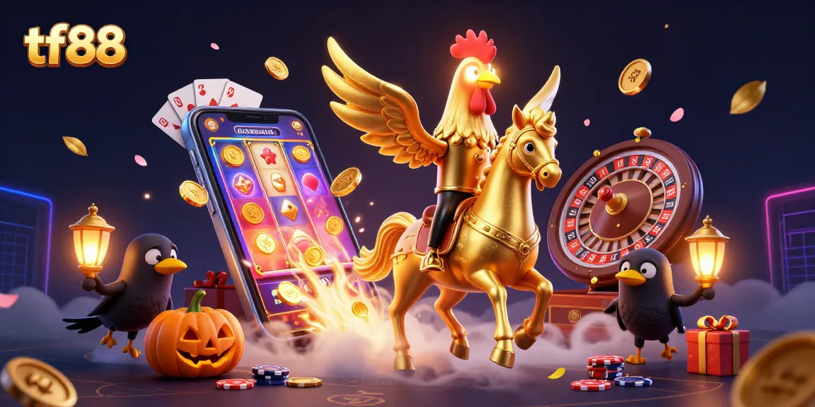 Experience thrilling gaming moments at tf88 with a golden rooster character in a dynamic casino setting.