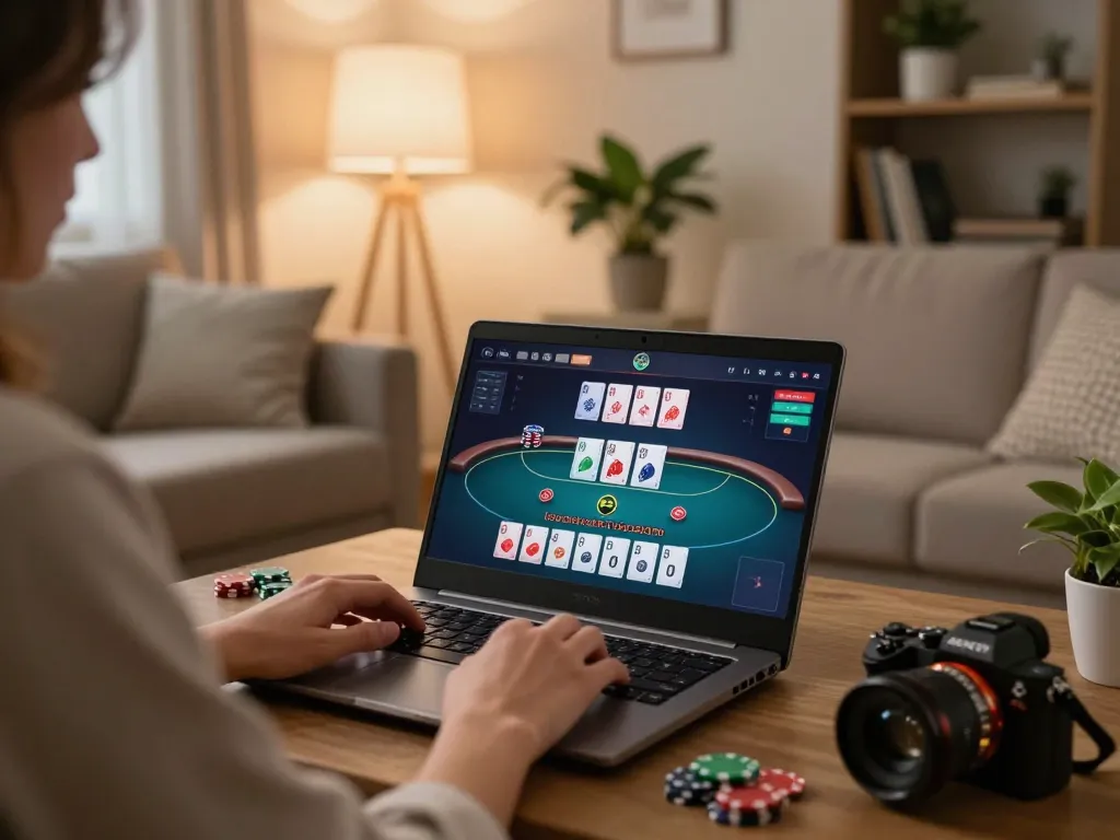 Engaging gaming experience with superjp on a laptop in a cozy home setting
