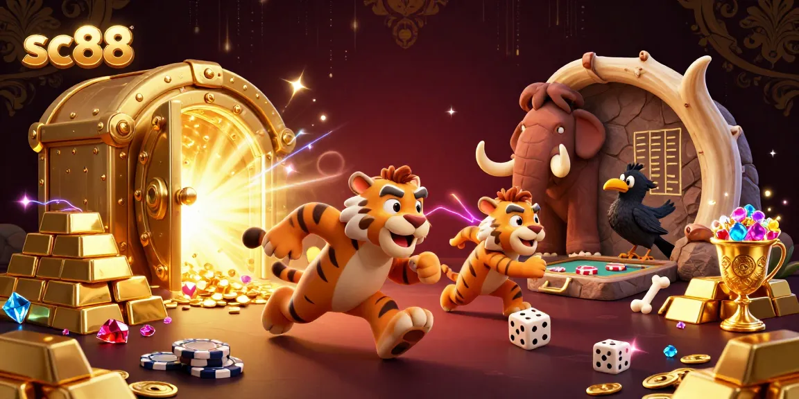 Engage in thrilling casino adventures with the sc88 caveman duo and their sabertooth tiger, vibrant energy all around.