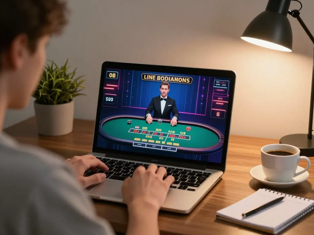 A player enjoying blackjack on alo8 in a cozy home office, laptop screen showing live dealer excitement.