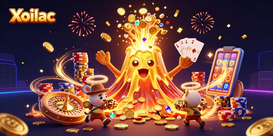 Xoilac offers thrilling gameplay with a golden volcano erupting coins and treasures in a vibrant casino world.