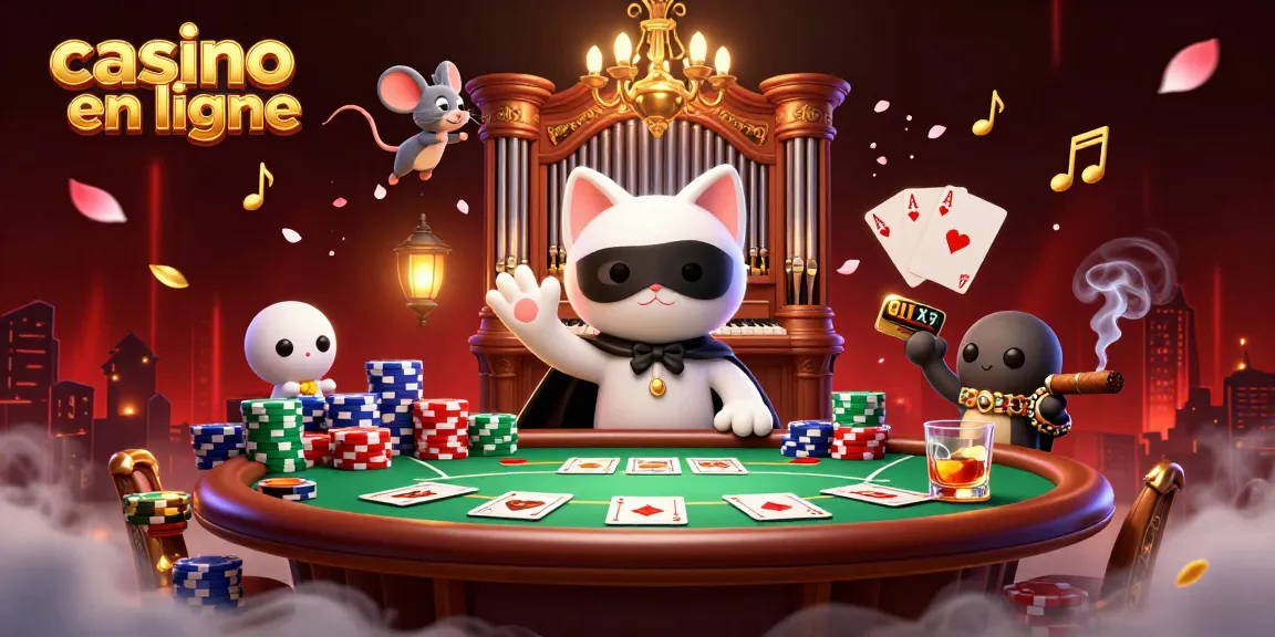 Plongez dans un casino en ligne vibrant avec une illustration captivante des jeux de cartes et des chats masqués.