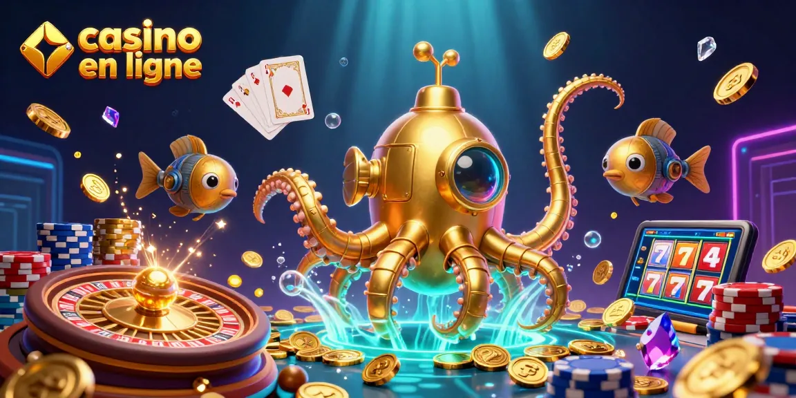 Illustration captivante de casino en ligne avec un kraken doré et des éléments de jeu animés.