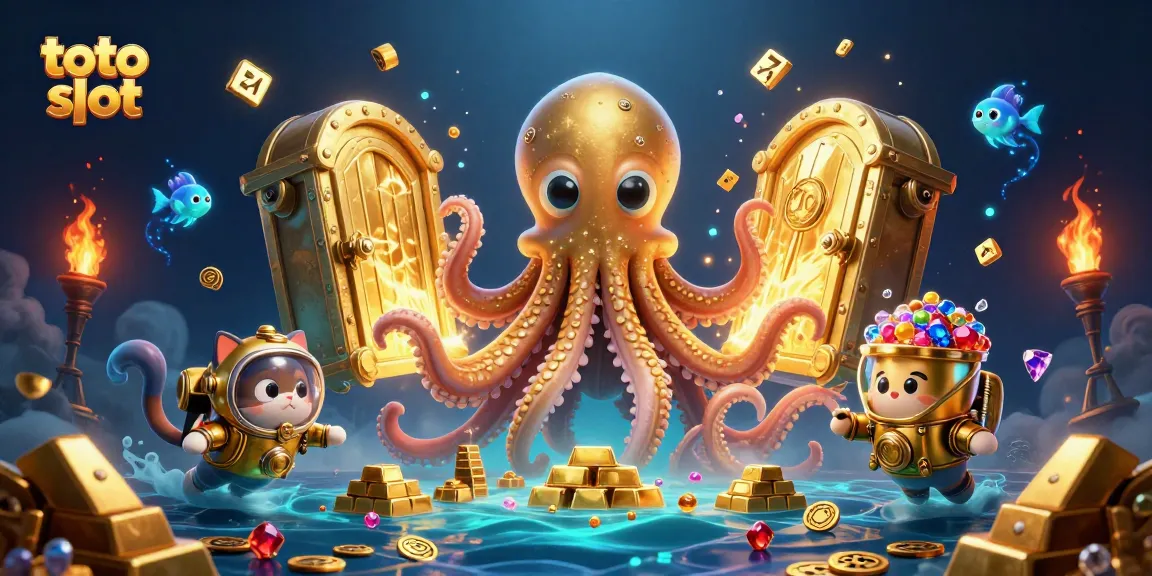 Engage in excitement with the toto slot surrounded by gold treasures, kraken, and diving cat.