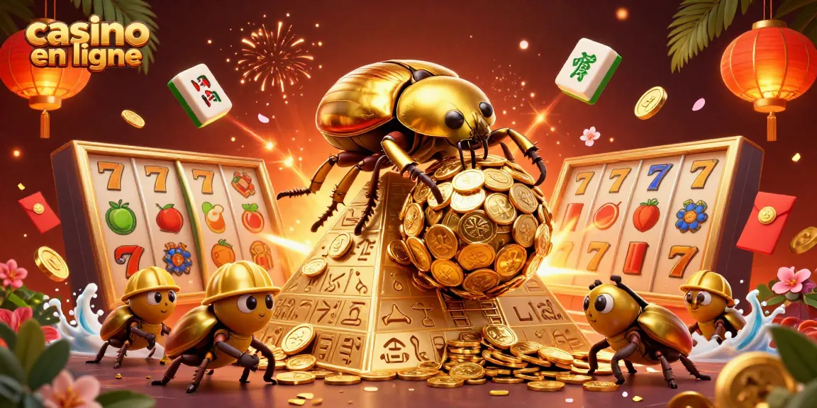 Découvrez l'univers captivant du casino en ligne avec une illustration haute en couleurs mettant en avant un scarabée doré et des éléments de jeu dynamiques.