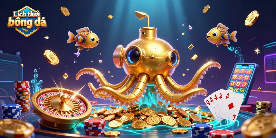 Engage with Lịch thi đấu bóng đá featuring a kraken submarine amidst cascading gold coins.