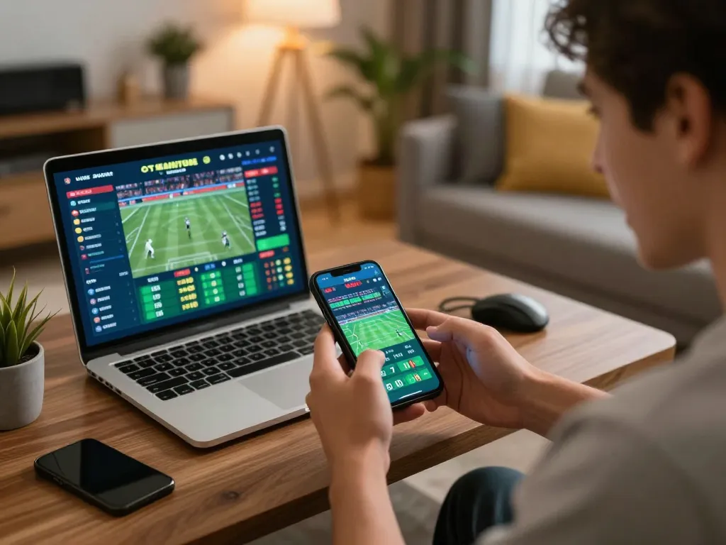 Person actively placing bets on lu88 sports betting app in a cozy living room setting