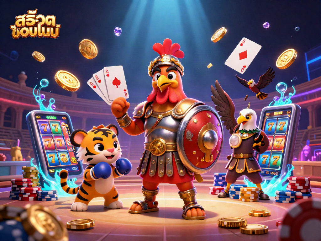 Engage in action-packedสล็อตออนไลน์ with a colorful 3D illustration showcasing dynamic casino elements.