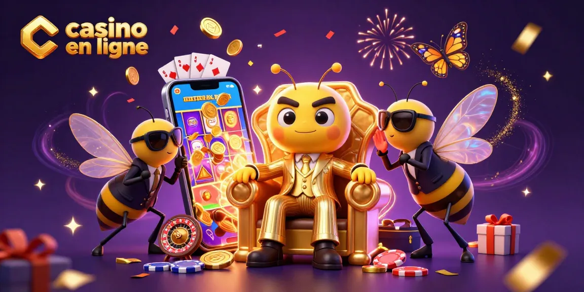 Animation colorée de casino en ligne avec abeilles et confettis festifs.