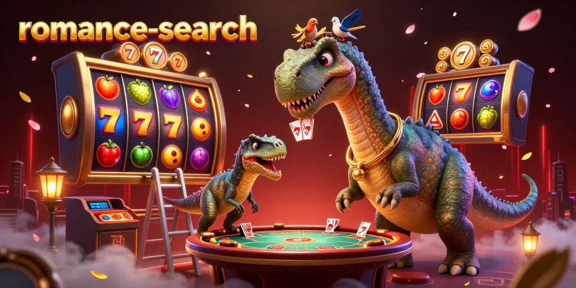 Experience excitement with romance-search at a dazzling casino featuring a towering brontosaurus and vibrant slot reels.
