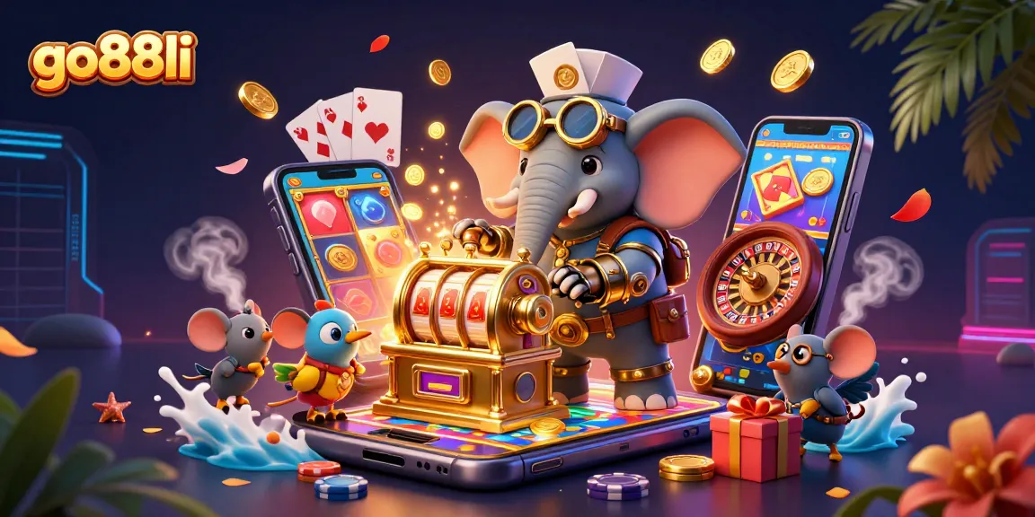 Engage in thrilling slots at go88li with a vibrant 3D illustration showcasing a steampunk elephant and game elements.
