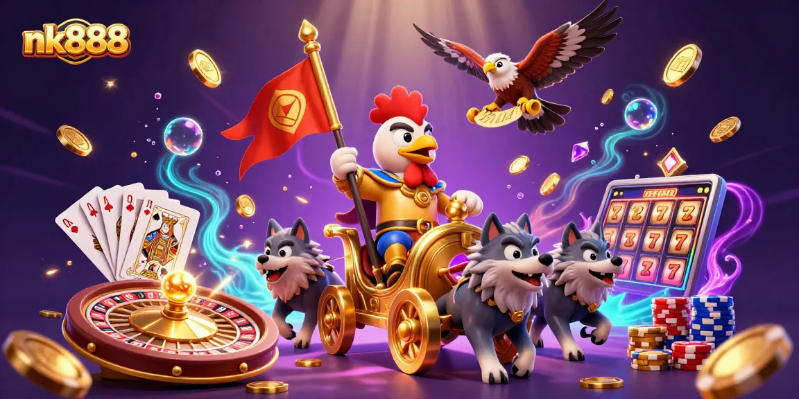 Engage with nk888's thrilling 3D cartoon illustration showcasing gaming excitement and chance.
