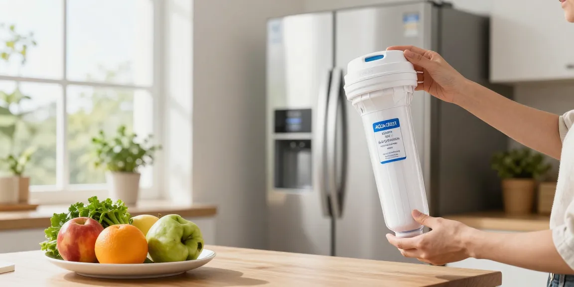 AQUA CREST EDR1RXD1 Replacement for W10295370A being installed in a modern kitchen, highlighting home maintenance.