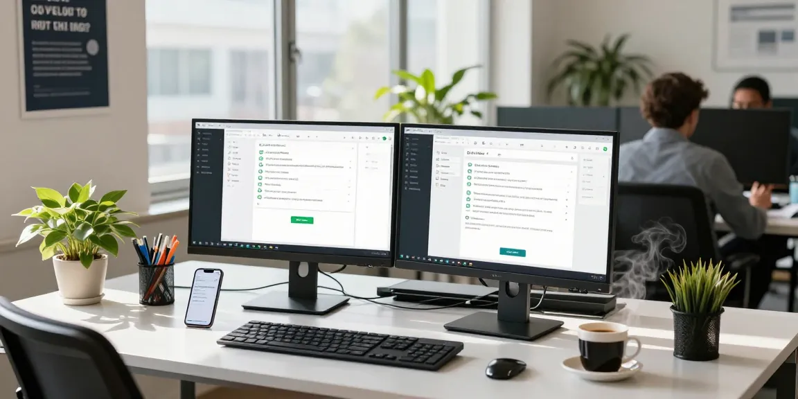 Engaged professional using WhatsApp網頁版 on dual monitors in a bright office environment.