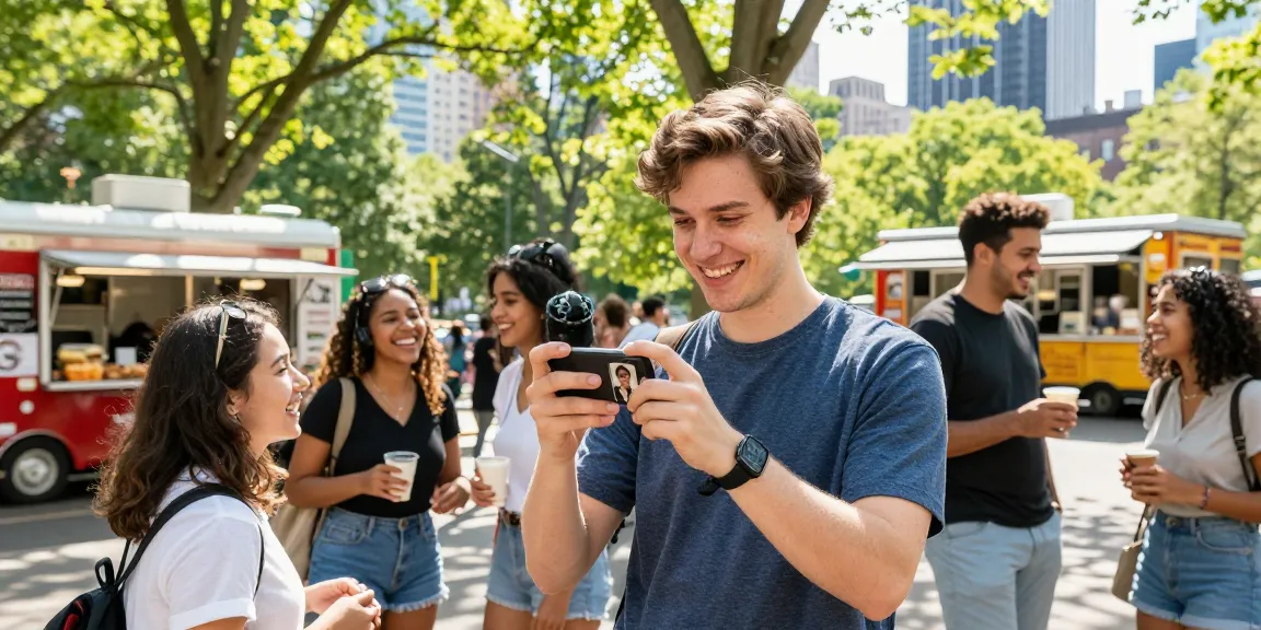 Discover your celebrity look alike matches in a lively urban park setting.