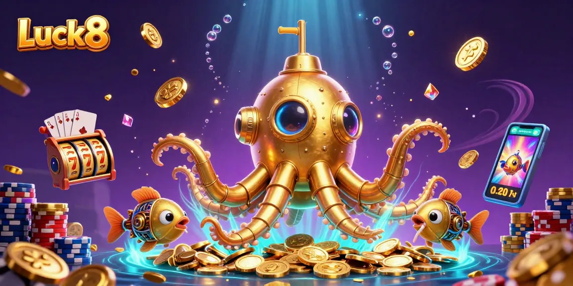 Spin the reels for huge wins at Luck8 with dynamic casino elements and golden kraken illustration.