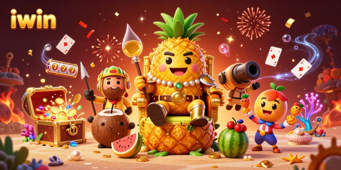 Play slots and win with iwin at an exciting beach casino scene featuring a golden pineapple king.