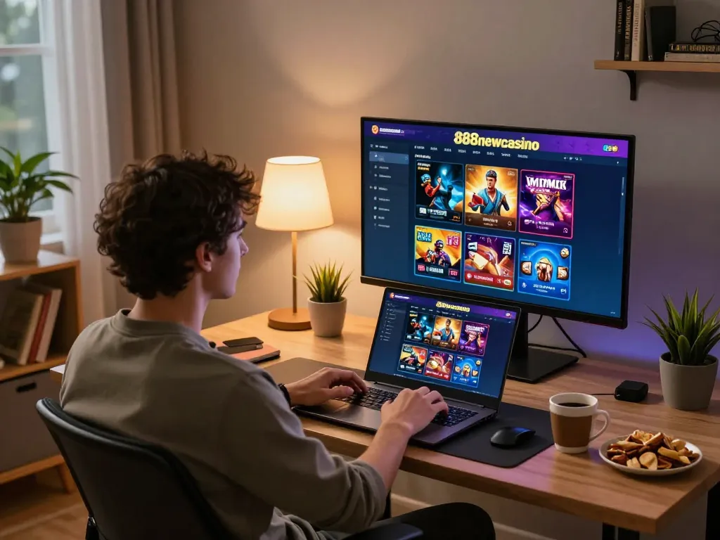 Engaging player focused on 888newcasino com interface during online gaming session at home.