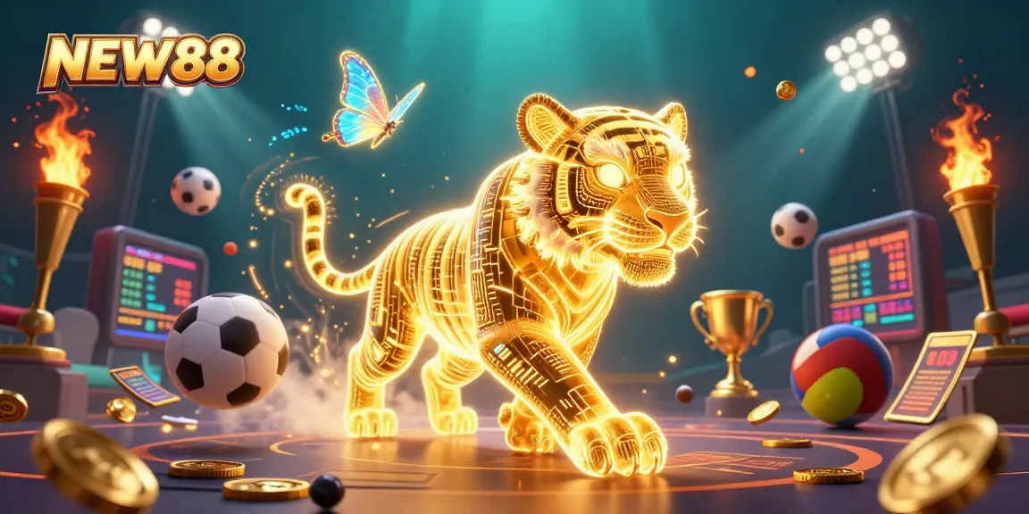 Engage in thrilling gaming adventures with NEW88, featuring a glowing tiger and sports elements in a vibrant casino illustration.