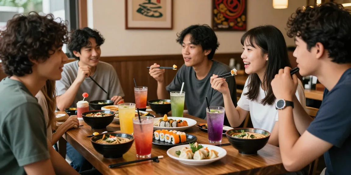 Diverse group enjoying Asian cuisine at https://hanadultalk.com, creating a warm cultural experience.