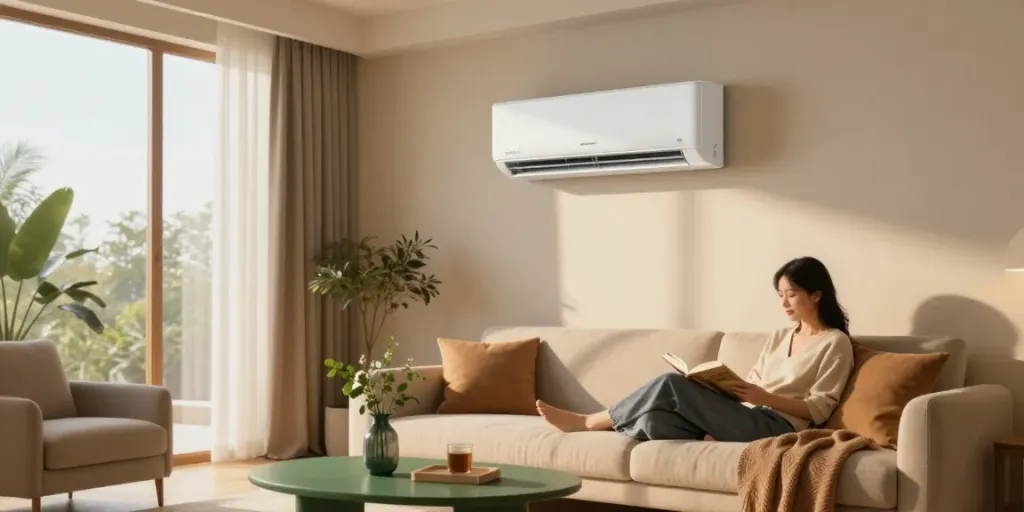 The 12000 BTU mini split air conditioning unit complements a cozy living room with stylish decor and natural light.