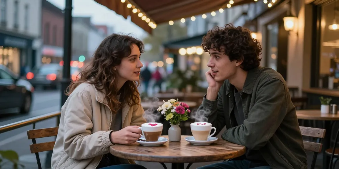 Two young adults enjoying a conversation about their crush on each other in a cozy café with warm lighting.