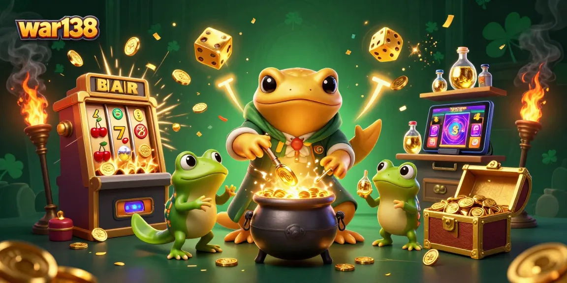 Experience winning with war138 at a vibrant 3D digital casino illustration featuring magical elements.