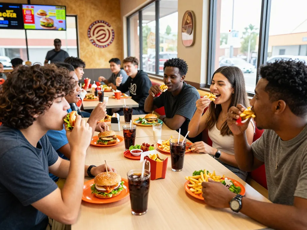 Delicious fast food menu items shared among friends at a vibrant restaurant booth.