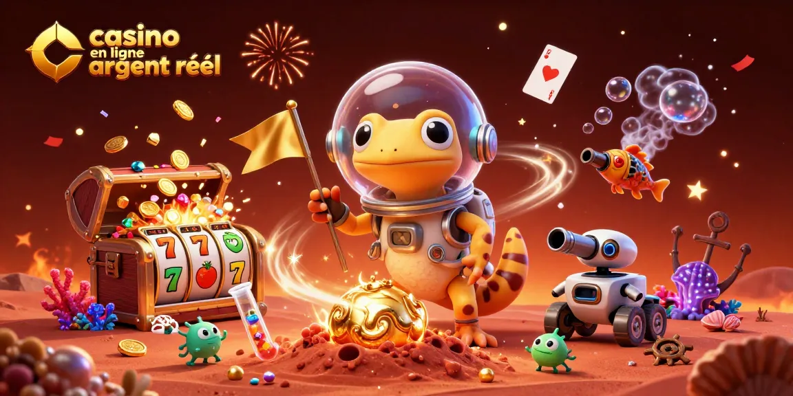 Découvrez l'univers des jeux de casino en ligne argent réel avec un gecko martien et ses amis dans une scène colorée.