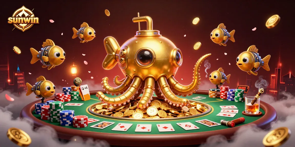 Players enjoy a thrilling game at Sunwin with a golden kraken submarine amidst poker action.